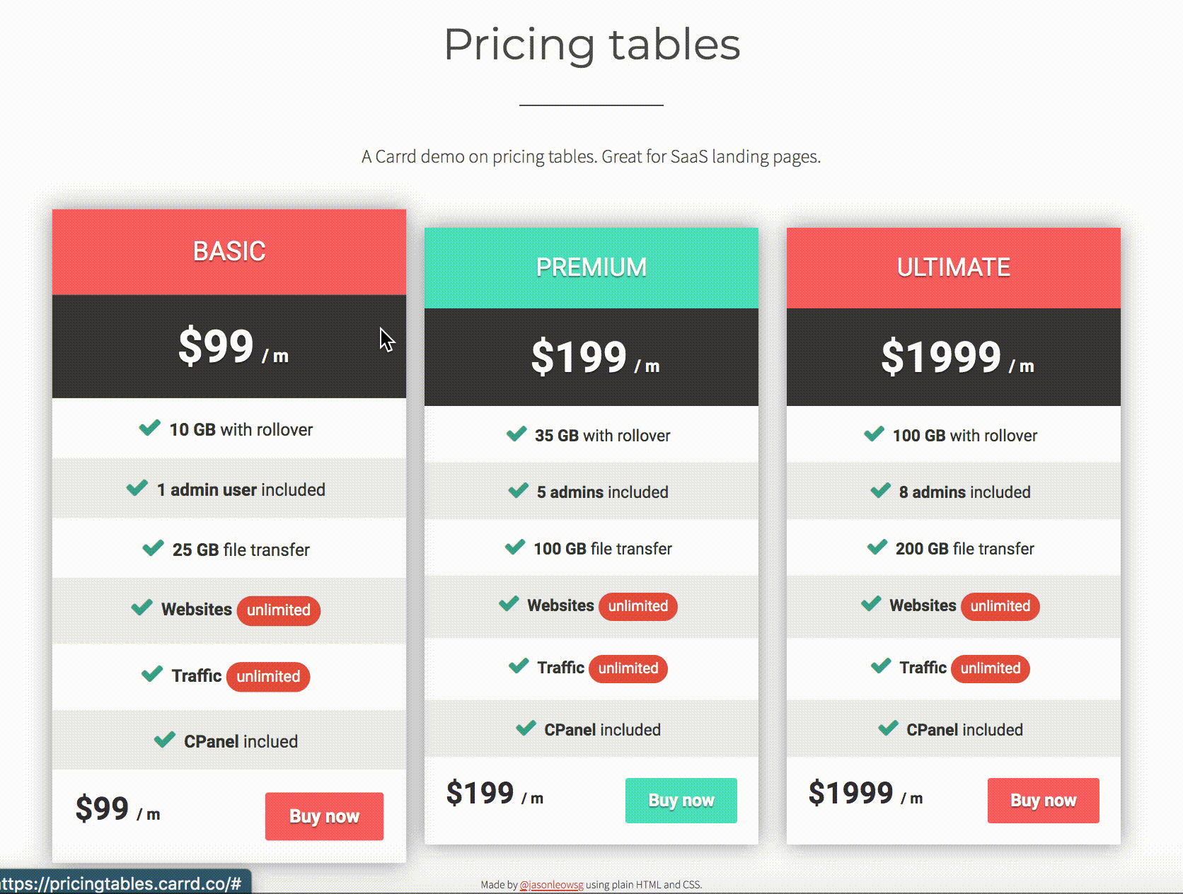 Screen recording of pricing tables Carrd plugin