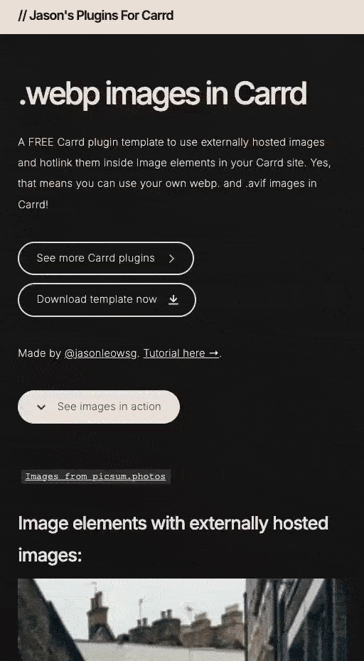 Screenshot of video slider plugin Carrd template
