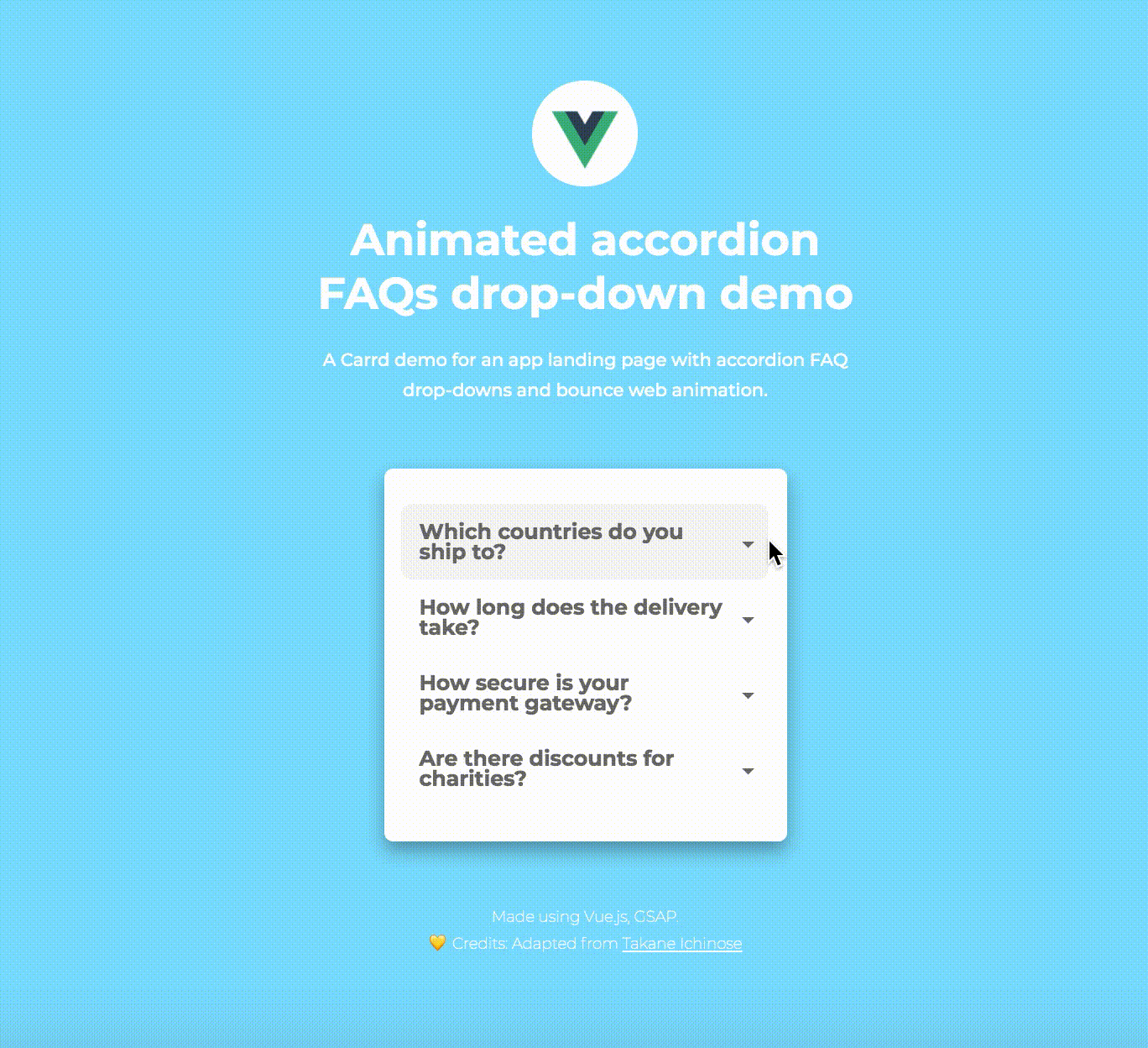 Screen recording of animated accordion FAQs drop-down Carrd plugin