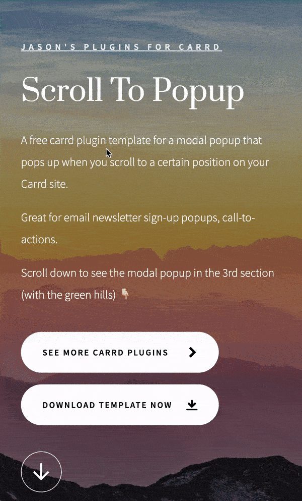 Screenshot of scroll to popup Carrd plugin