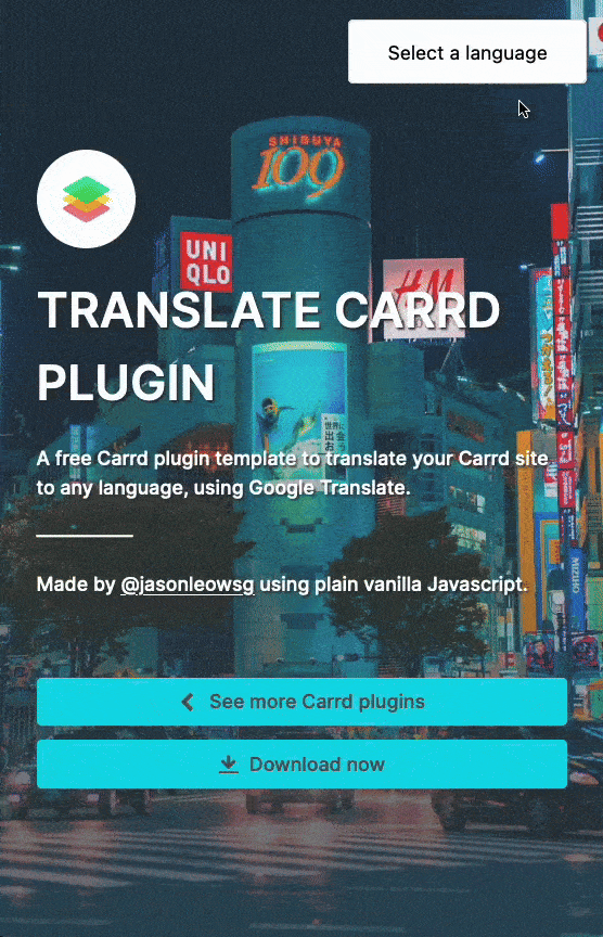 Screenshot of translate Carrd plugin