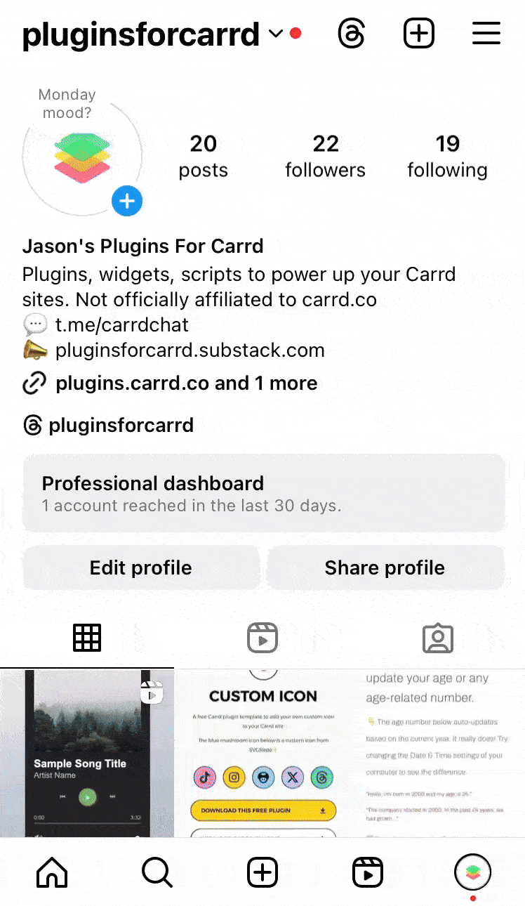 Screenshot of in-app redirect Carrd plugin