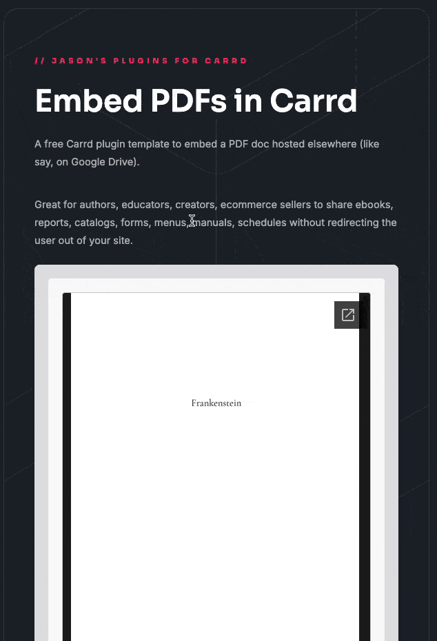 Screenshot of embed pdf plugin Carrd template