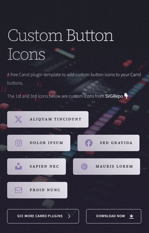 Screen recording of custom button icon Carrd plugin template