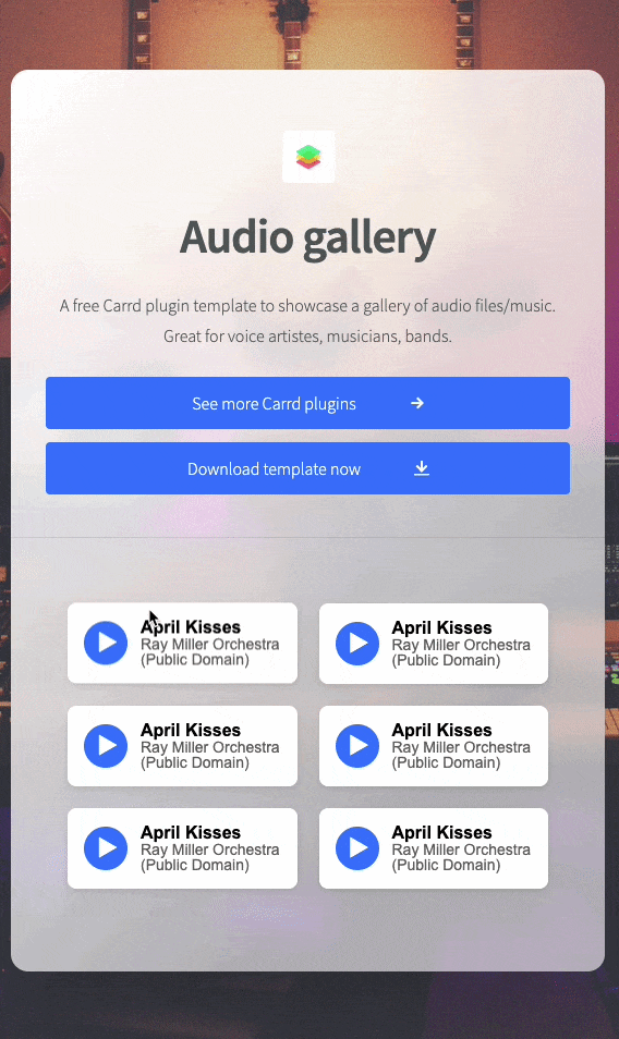 Screenshot of audio gallery plugin Carrd template