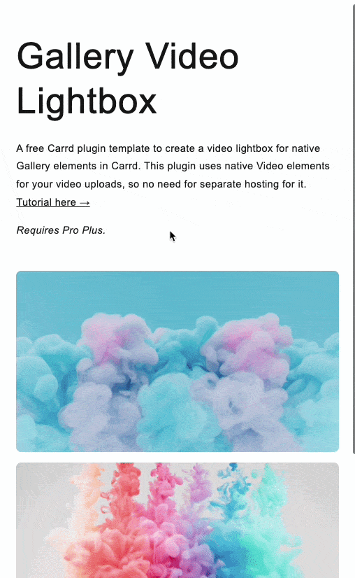 Screen recording of the gallery video lightbox Carrd plugin template - https://galleryvideolightbox.carrd.co